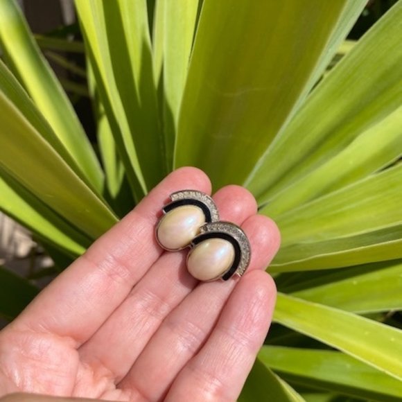 VTG GIVENCHY Paris New York Silver Pearl Rhinestone EARRINGS - Picture 5 of 8